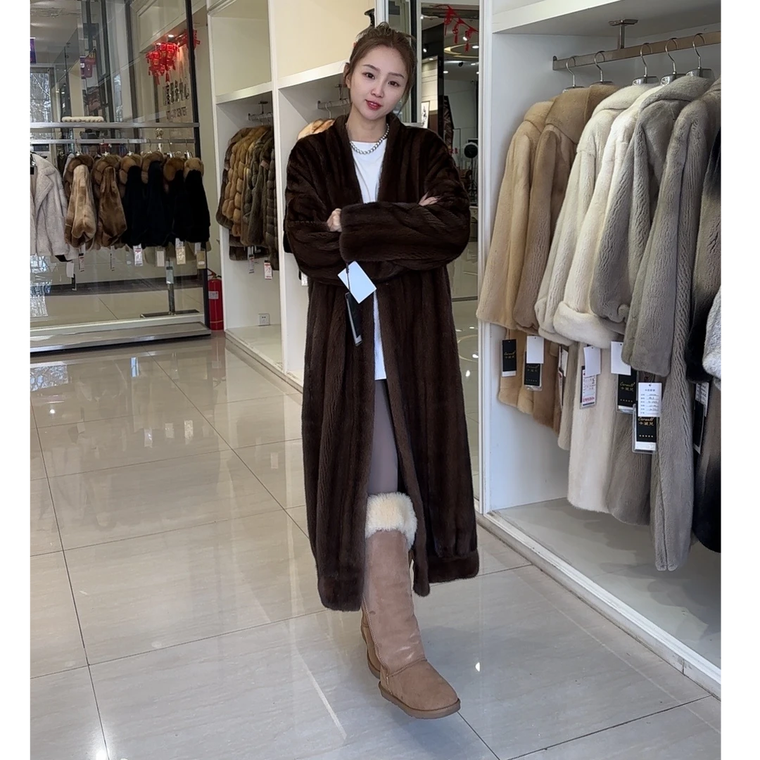 Carwell/卡葳儿进口水貂皮草 咖啡色V领全抽刀长款大衣 FK-2314