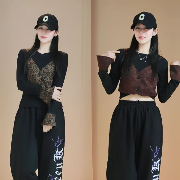 D豹纹假俩件拼接上衣时尚显瘦爵士T恤