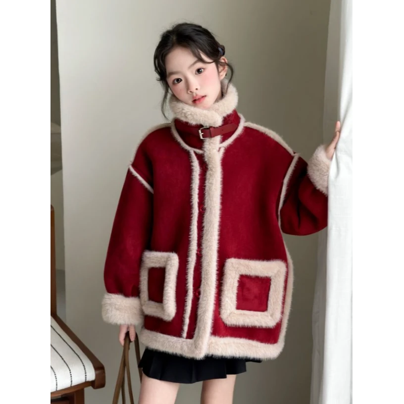 女童外套2025冬季加绒加厚韩版洋气休闲百搭红色保暖上衣