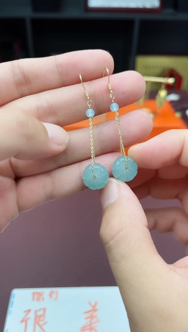 石英质玉（天山翠）银S925镶嵌耳饰716000