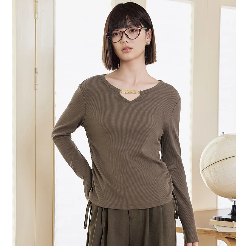 2025春季新款修身显瘦金属链条设计长袖针织衫ENZCJ1Q006A