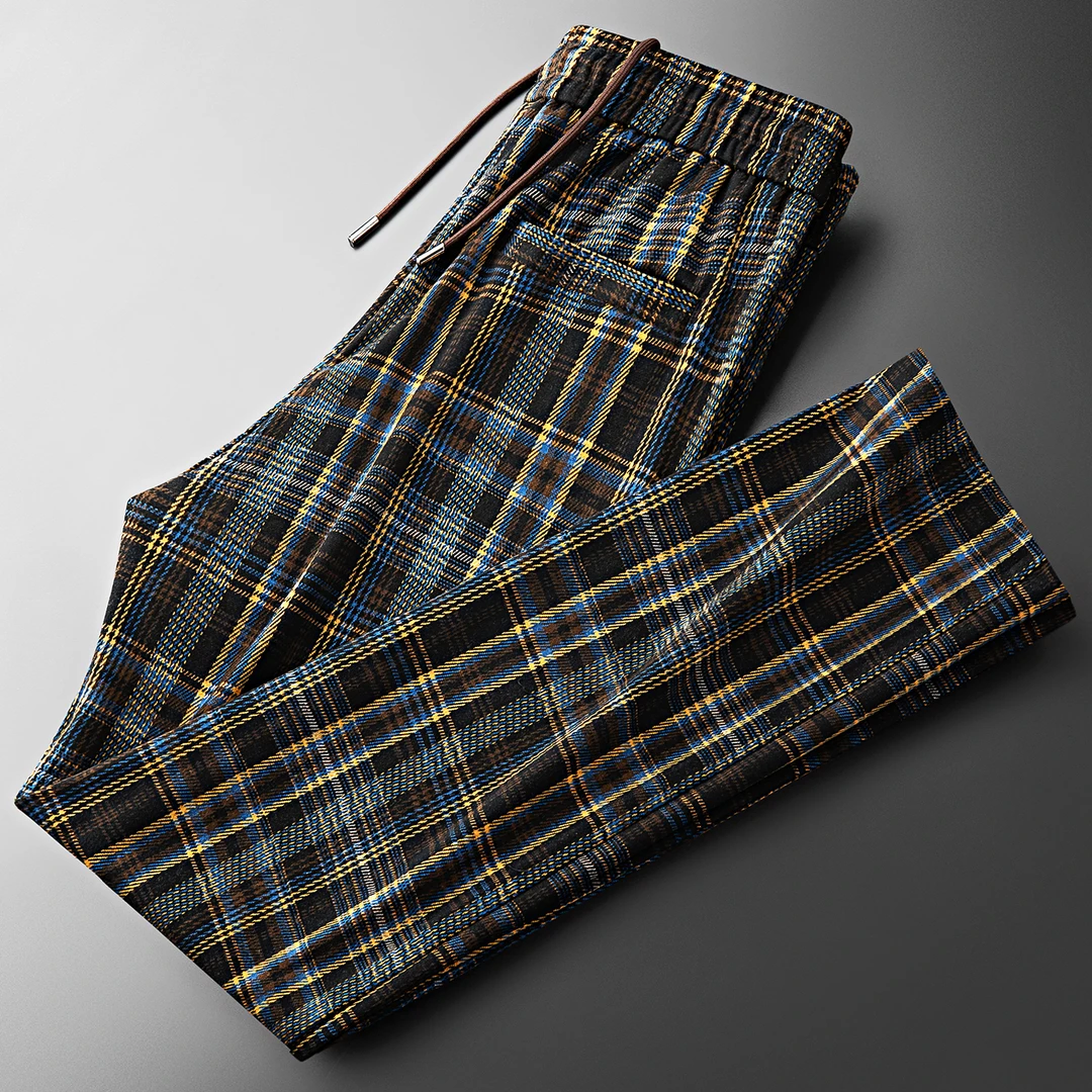 梵基弗奈秋冬轻奢时尚格子纹裤子加厚男士微阔直筒运动卫裤休闲裤