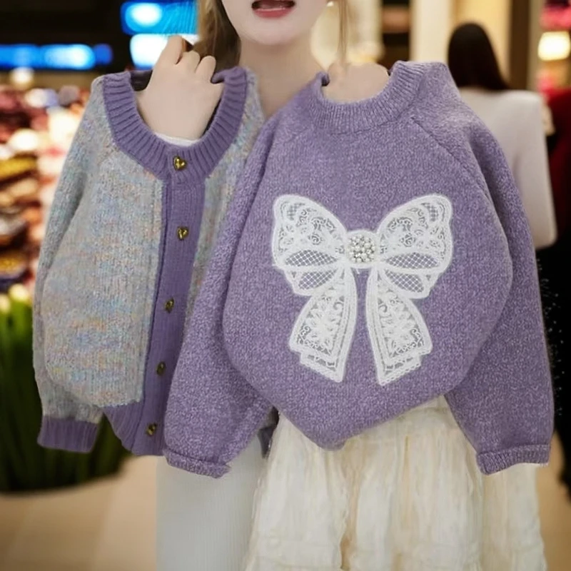 气质女童毛衣蝴蝶结针织衫2025秋冬款开衫加厚打底衫毛线衣小香风