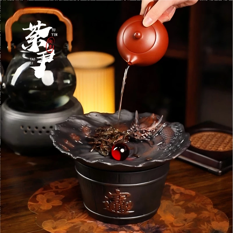 紫陶茶渣桶家用茶水桶过滤废水桶桌面云南茶渣缸茶洗大号盂水洗茶