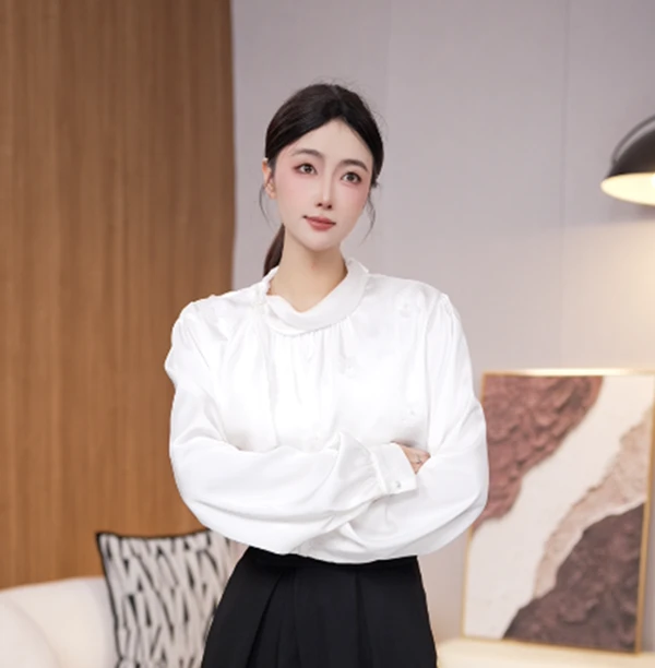 流光缎手工纯色长袖衬衫时尚春季气质设计感61023