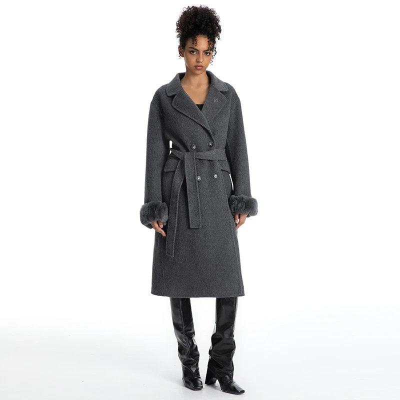 ABMY 冬日西雅图 经典双面呢羊毛大衣外套中长款可拆卸獭兔毛袖口