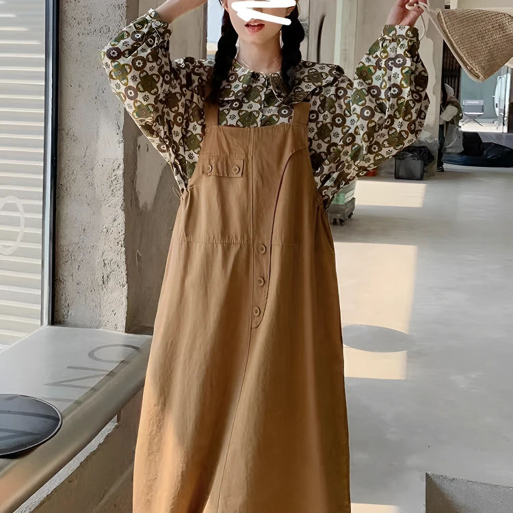 现货【奶系卡其色背带裙】5新款日系可爱减龄套装裙99107衬99106裙