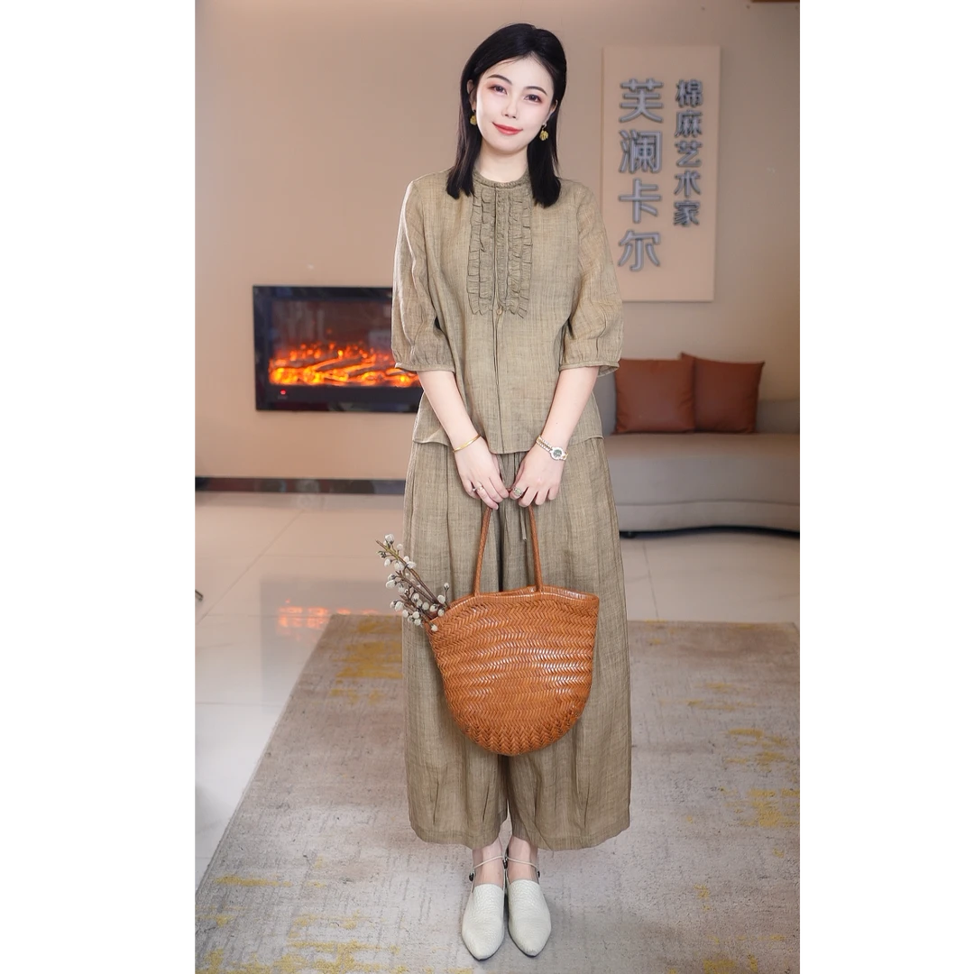 【芙澜卡尔】圆领气质款套装贴花定制款衬衣夏款时尚中老年女装