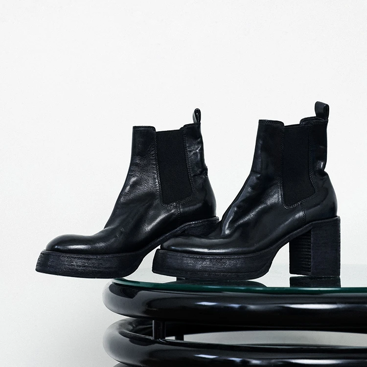 GLAS 设计师原创 新款时髦百搭水洗马皮粗跟防水台短靴