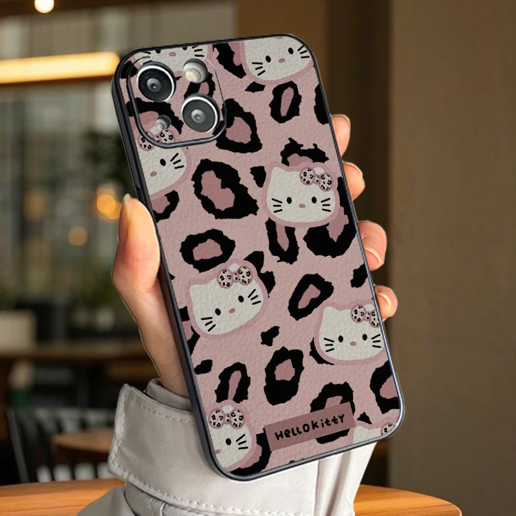 豹纹凯蒂猫ins风英伦轻薄皮质适用苹果16pro华为vivo防摔13手机壳