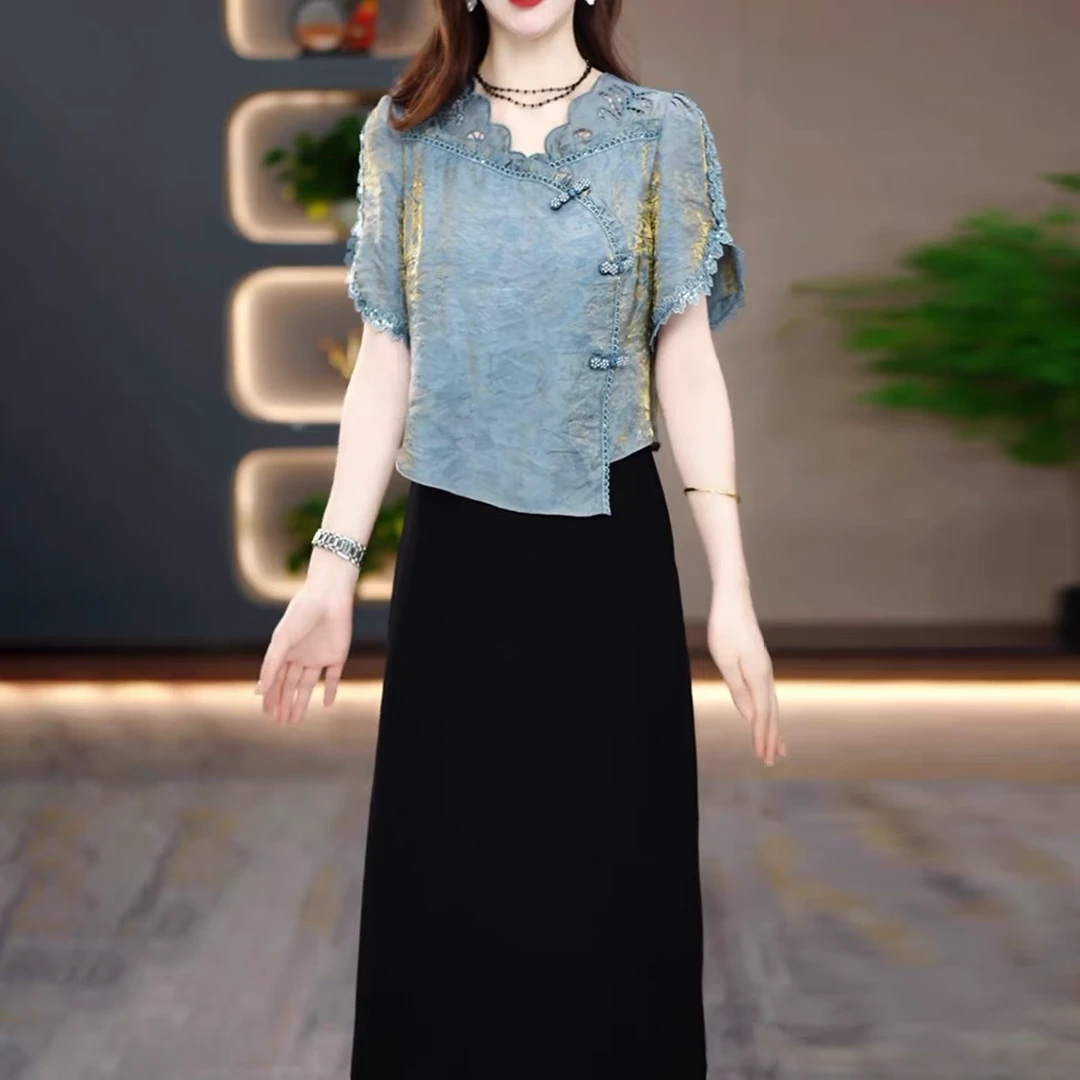 洋气减龄花萝缎时尚收腰显瘦裙子2025显瘦短袖连衣裙夏季新款遮肉