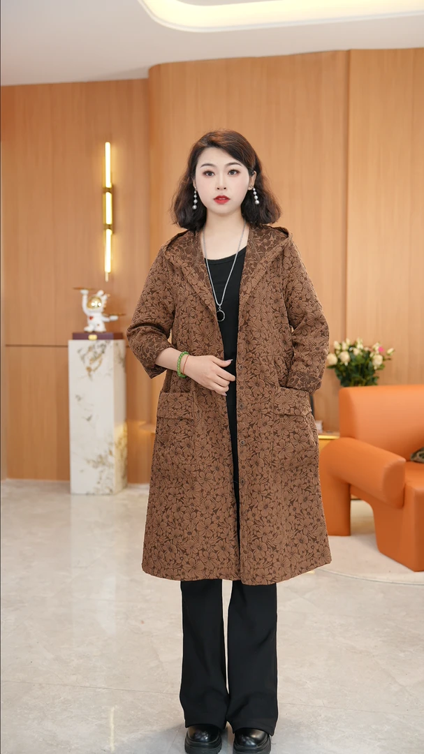 #4031{连帽}大口袋薄款风衣花纹外套女中长款百搭韩版外套宽松