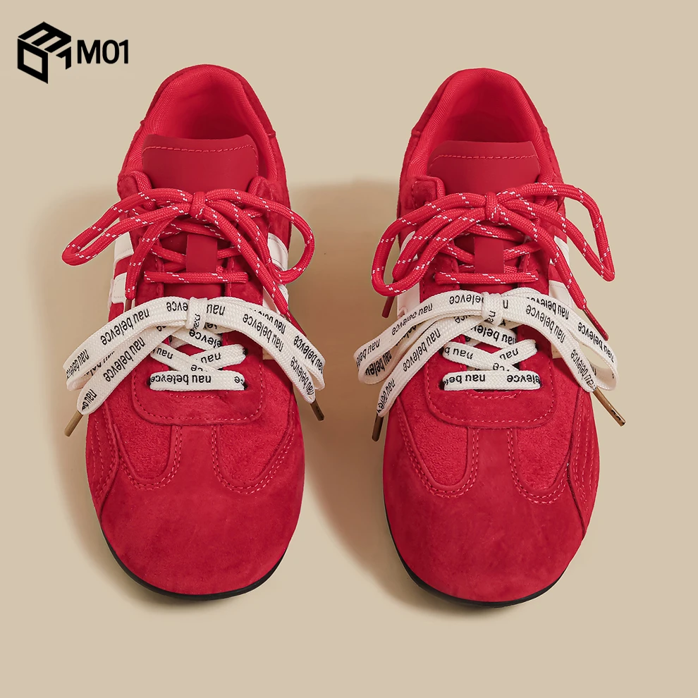 M01秋冬季新款厚底阿甘老爹板鞋女红色复古炸街双鞋带休闲德训鞋