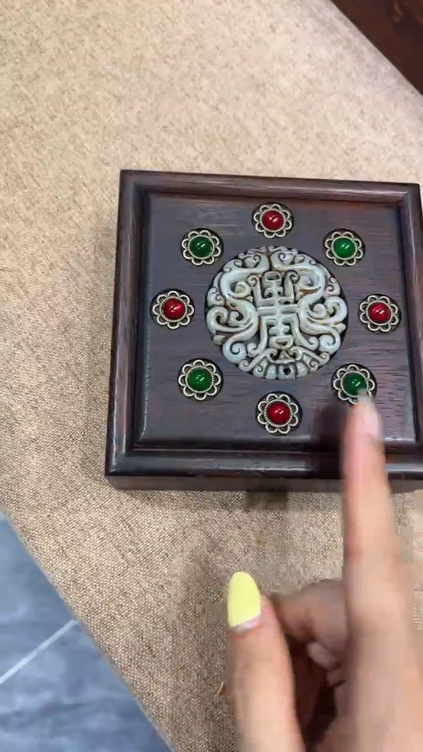 木玉石镶嵌四方抽拉盒
