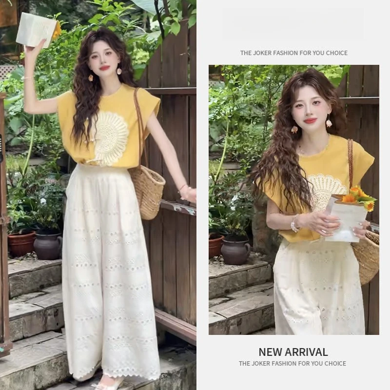 夏季洋气一整套女装2025新款复古设计感短袖上衣高腰阔腿裤两件套