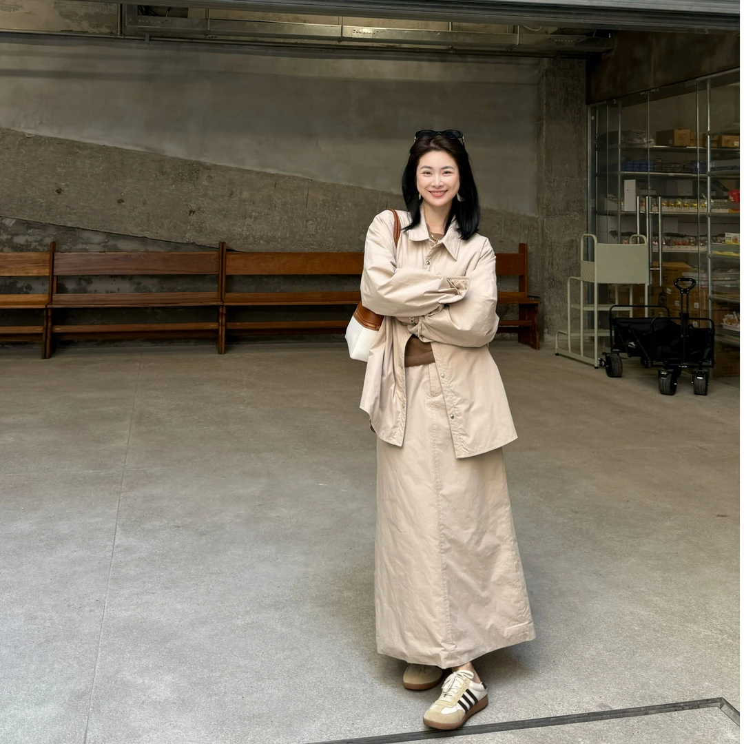 男朋友风设计款棉服套装夹棉衬衣外套女+A字半身裙