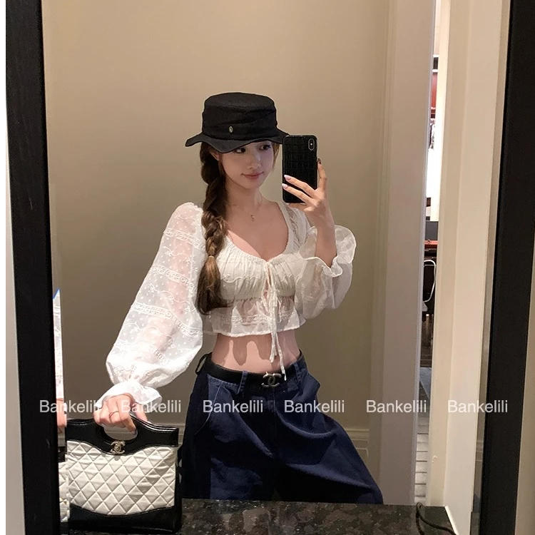 时尚套装时尚小众白色纯欲风辣妹风蕾丝气质长袖高腰短款夏季镂空