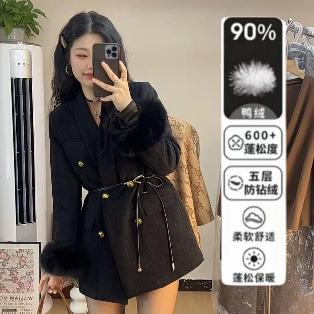 90白鸭绒加厚狐狸毛圈雪尼西装外套2025冬季新款加绒加厚气质西服