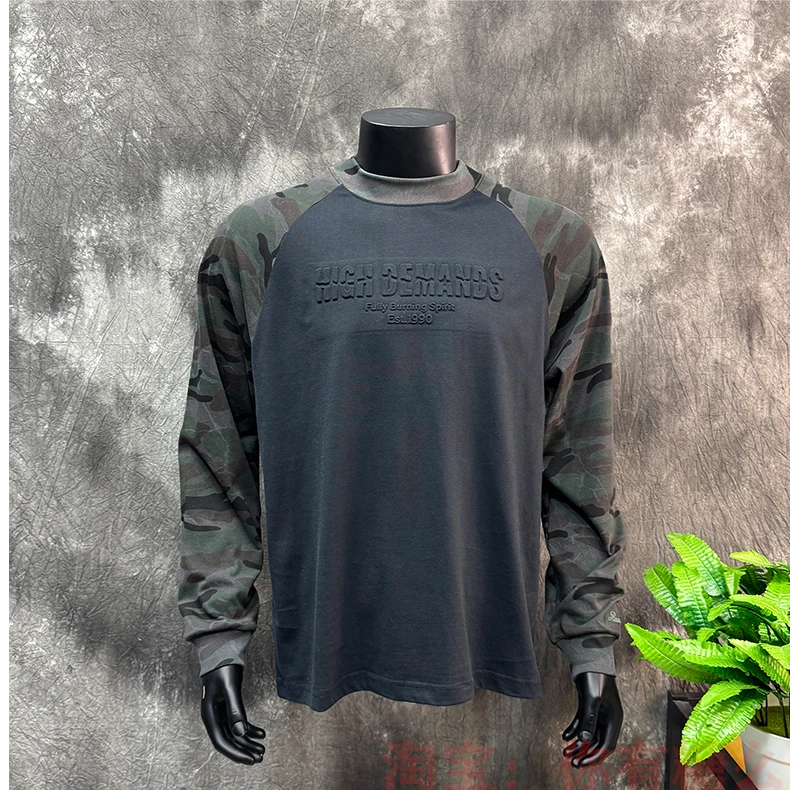 插肩拼接迷彩设计长袖T恤男春秋季2025新款宽松休闲美式潮牌上衣