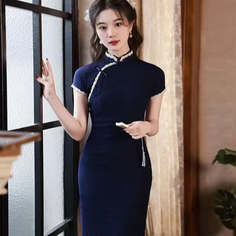 【青未了】2025新款深蓝新中式气质爆款显瘦时少女时尚旗袍 衣长115