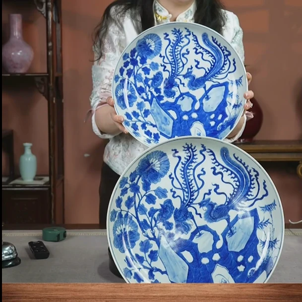 清 【一对】青花凤求凰赏盘TS