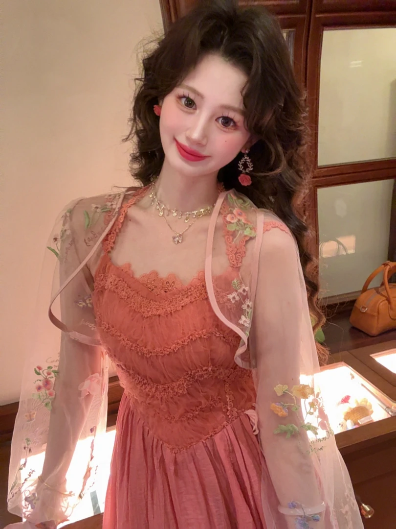 现货【一生罗曼】夏季重工刺绣提花吊带搭配开衫Y5264