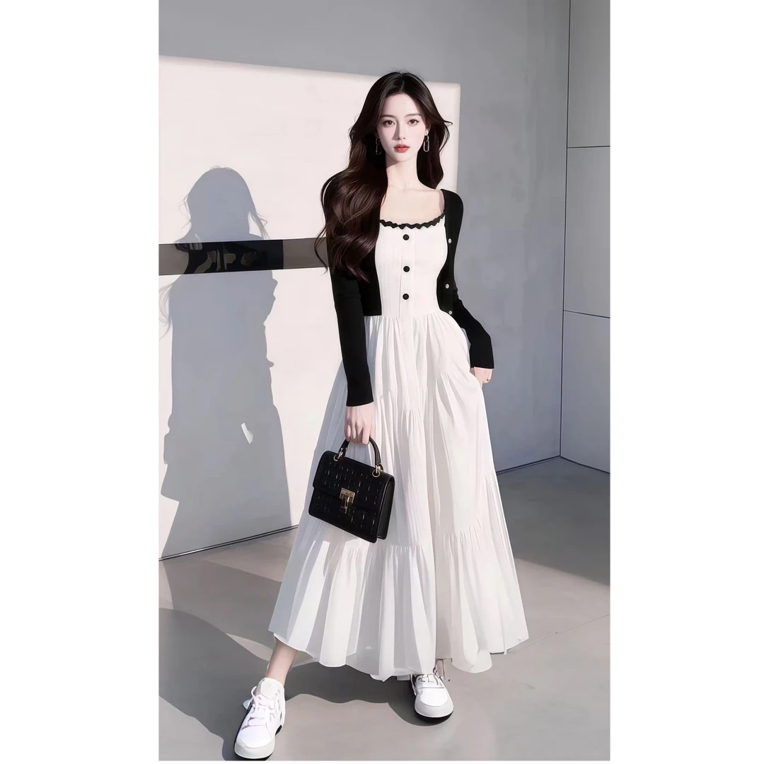 2025早春新款女装超好看小香风法式白色吊带连衣裙搭针织开衫套装