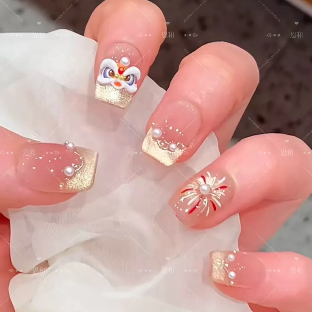 恩和【烟花醒狮】新年战甲 纯手工烟花美甲 醒狮高级贴片猫眼穿戴甲