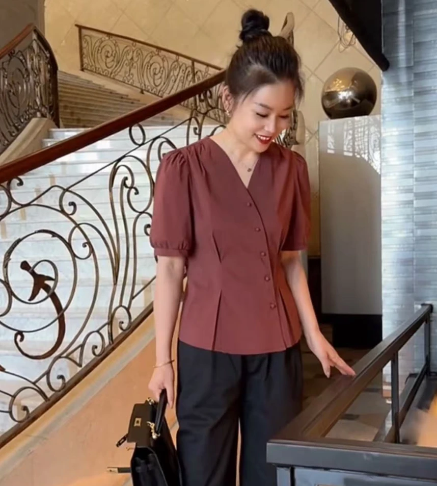 68821-YY-夏季新款时尚V领短款显瘦气质上衣法式衬衣女