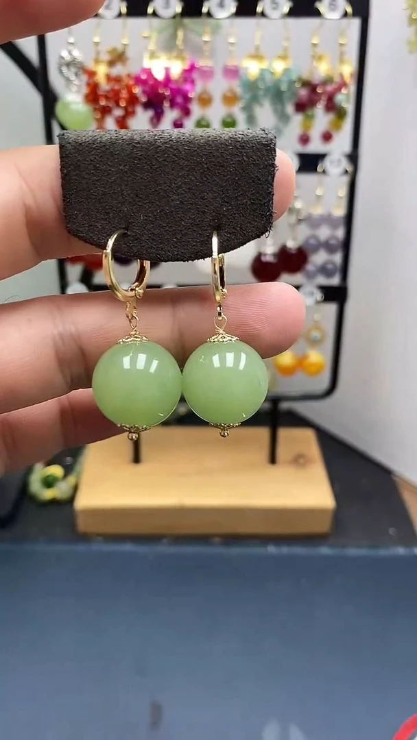 和田玉银S925镀金镶嵌耳饰尺寸16mm耳扣33