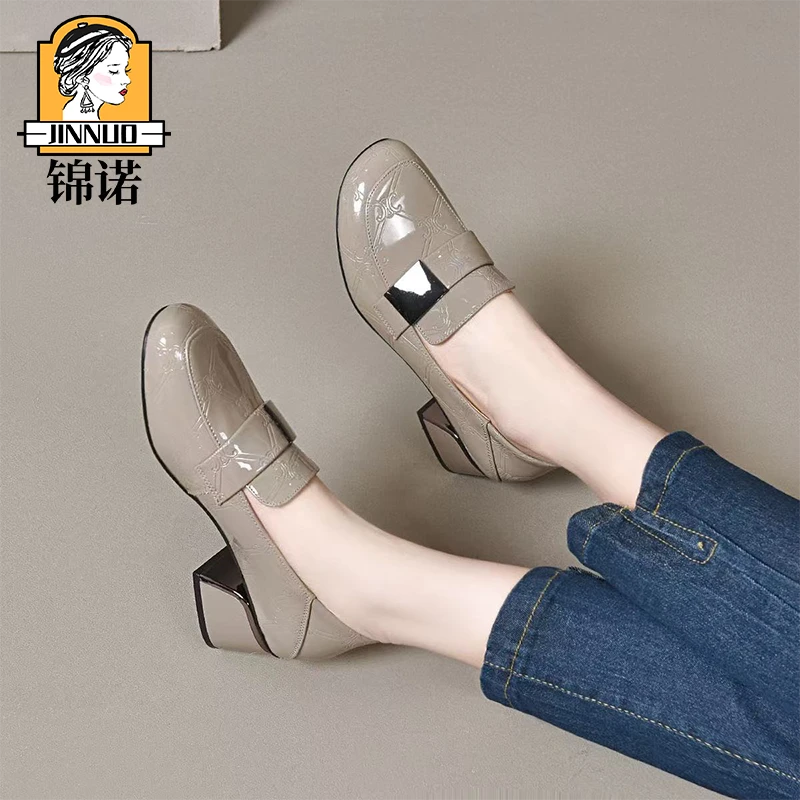jinnuo/锦诺【小潘严选】新款浅口真皮鞋女软底方跟单鞋女8019