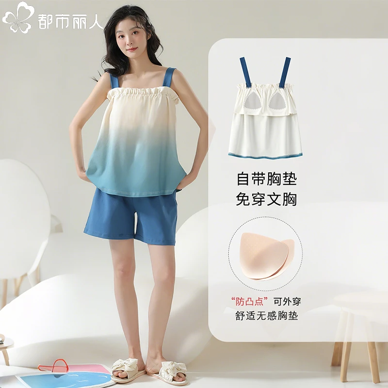 都市丽人睡衣女款2025新款夏季带胸垫吊带短裤套装可爱甜美家居服