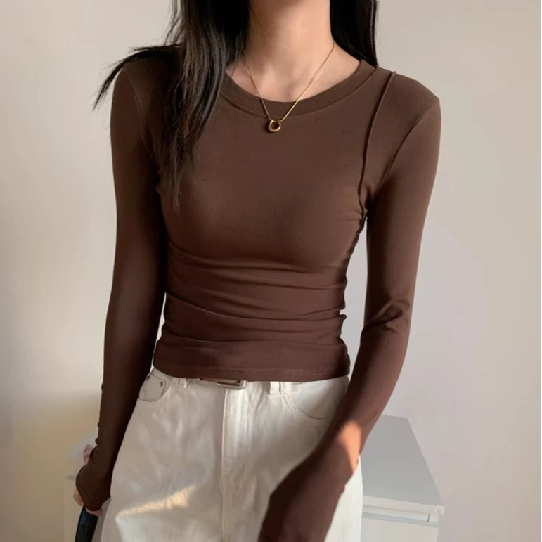 春秋冬正肩小众拼接软糯长袖T恤女打底衫内搭辣妹磨毛加厚上衣