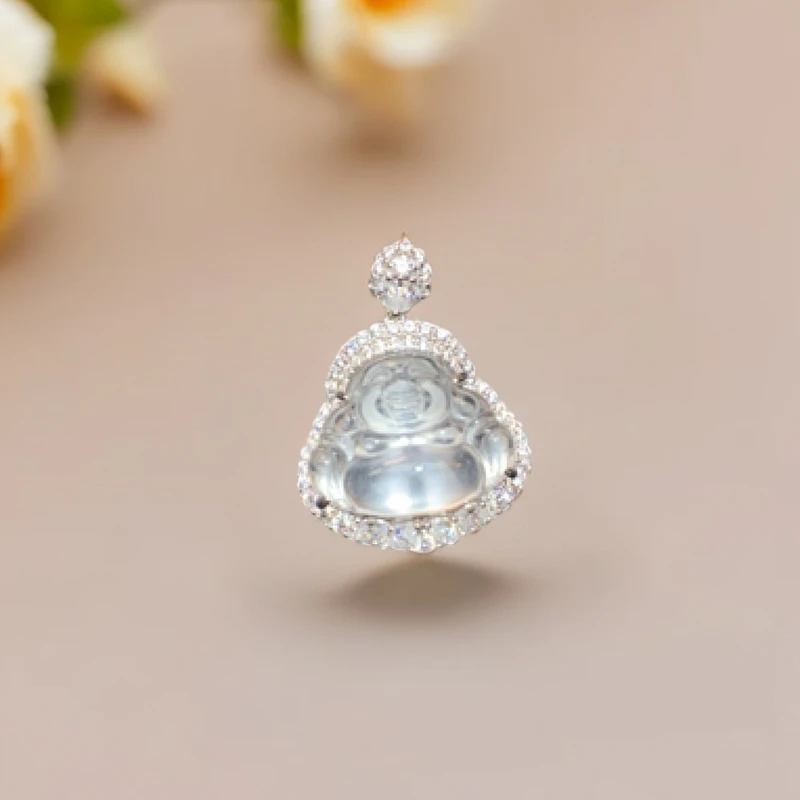 新品银s925镶嵌石英质玉佛公吊坠