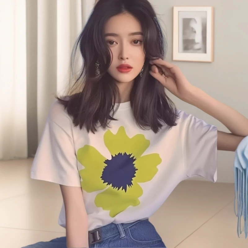 欧货圆领百搭ins短袖T恤小众女打底宽松休闲减龄白色纯棉短袖上衣