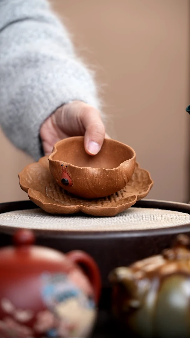 茶壶紫砂老段泥蜗牛荷叶主人杯+壶承