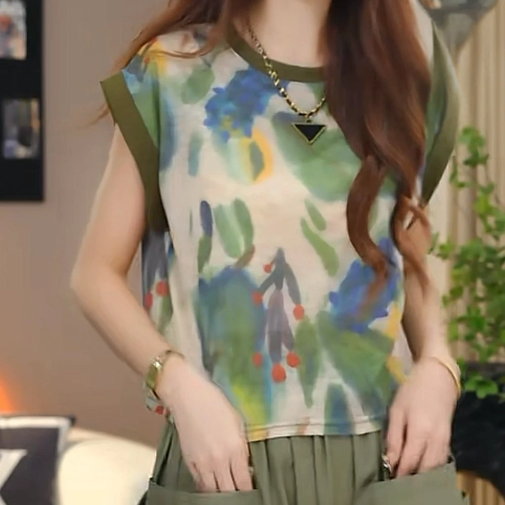 微透不规则印染宽松飞飞袖短款T恤女2025夏季新款休闲显瘦圆领