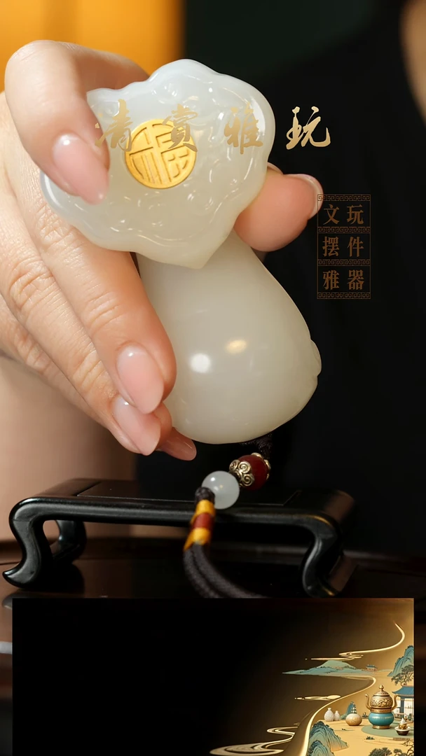玉《镶嵌福字如意》手把件摆件