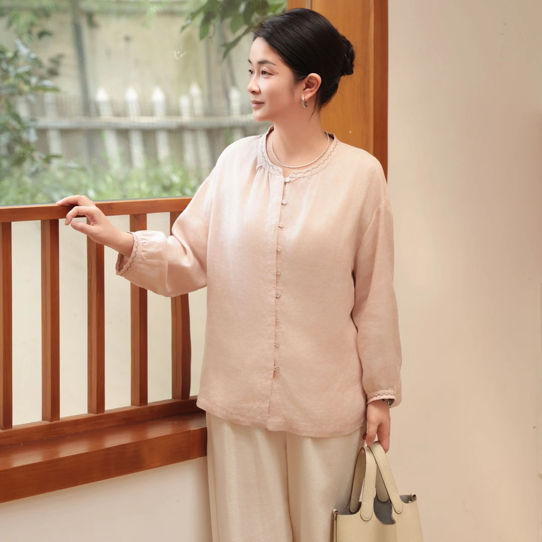 麻享【桃之夭夭】60支纯汉麻刺绣轻薄防透休闲衬衫夏季女款FSY50715