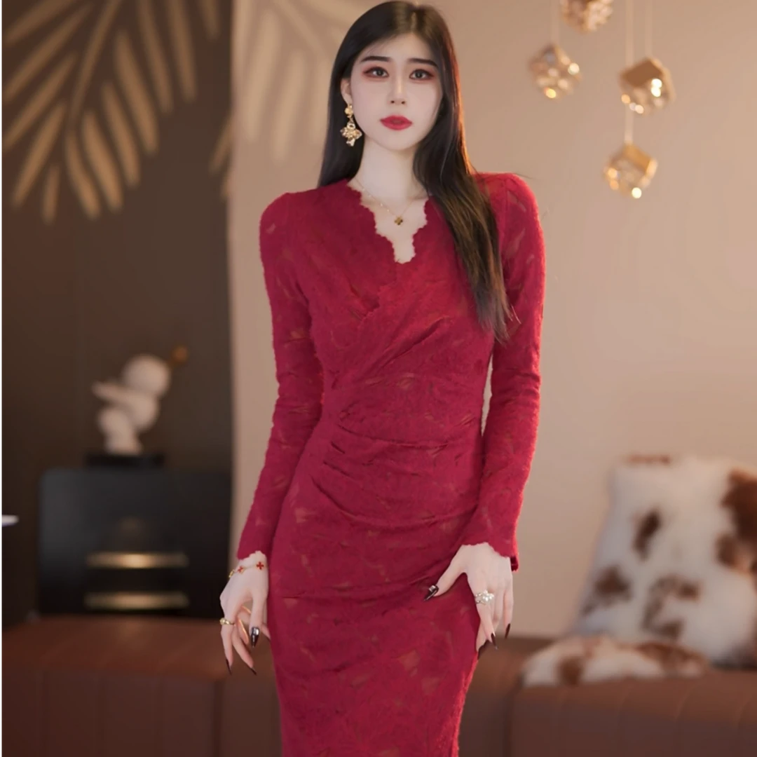 【火火】海棠秋季新款新中式气质收腰显瘦鱼尾连衣裙-YL11130