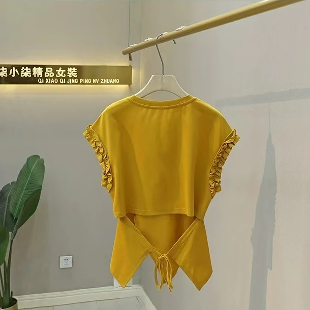 韩系设计感后背系带开叉短袖T恤女2025夏季新款洋气百搭时尚上衣