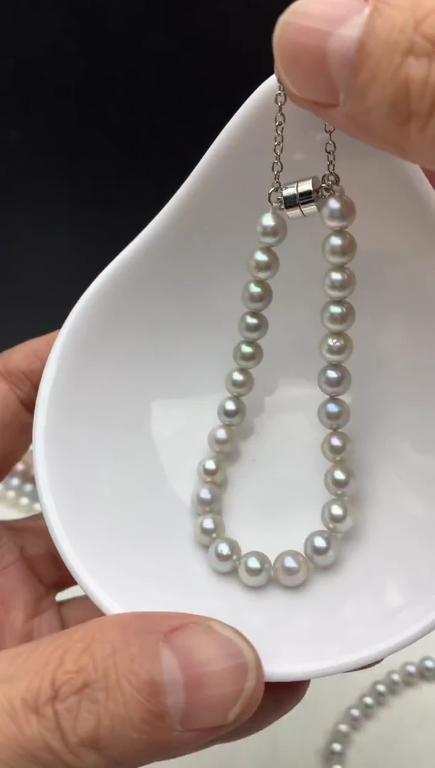 银S925镶嵌ff海水珍珠akoya灰珠手链6~7mm