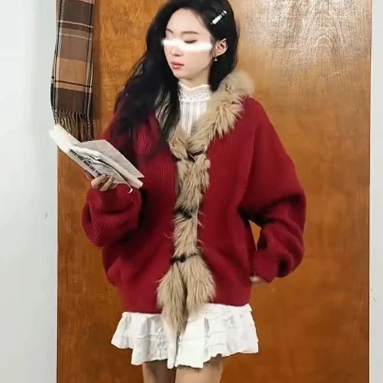 美式网红气质时尚设计感大毛领毛衣女秋冬慵懒风保暖针织开衫上衣