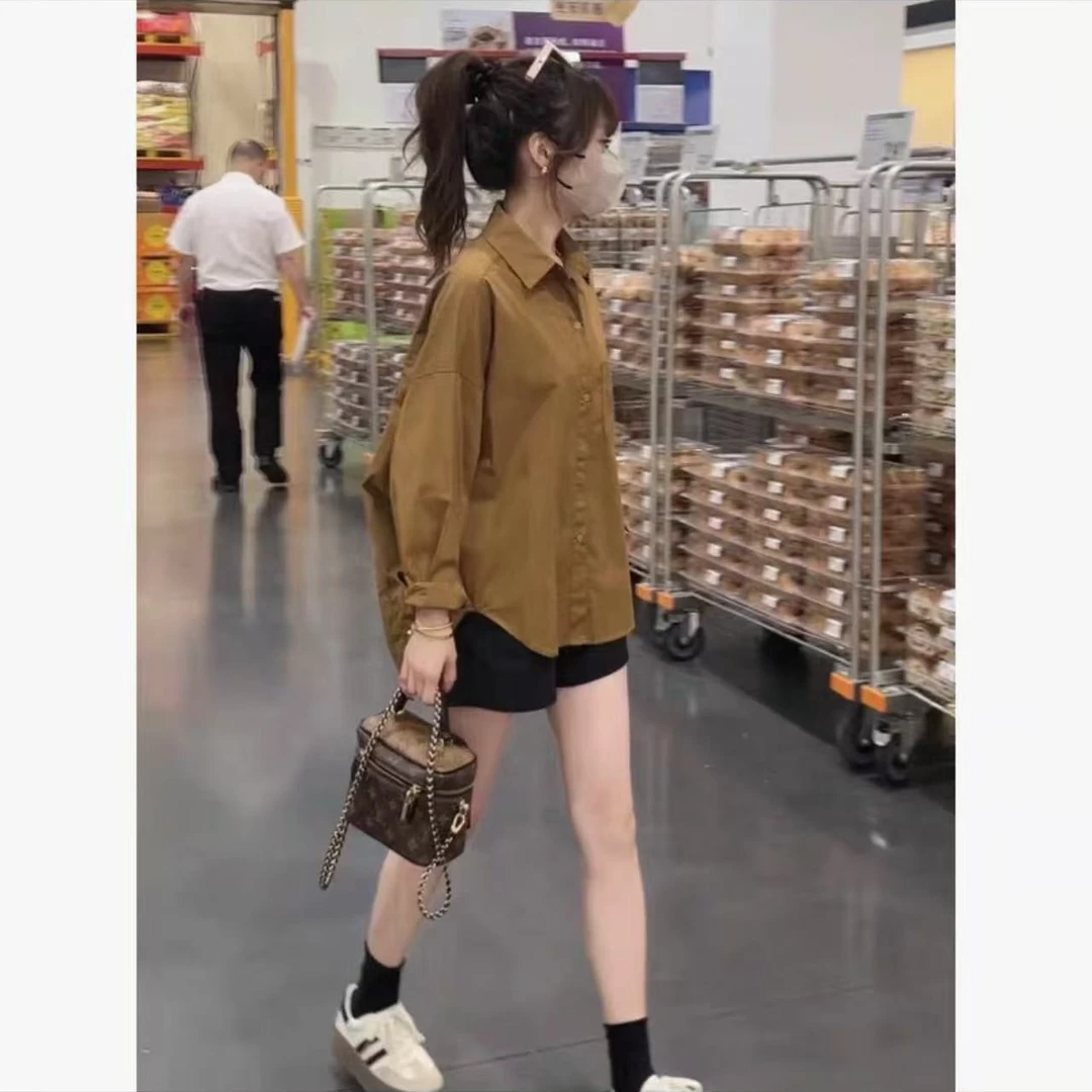 8077-胸前口袋（港风棕黄）大版棉衬衫