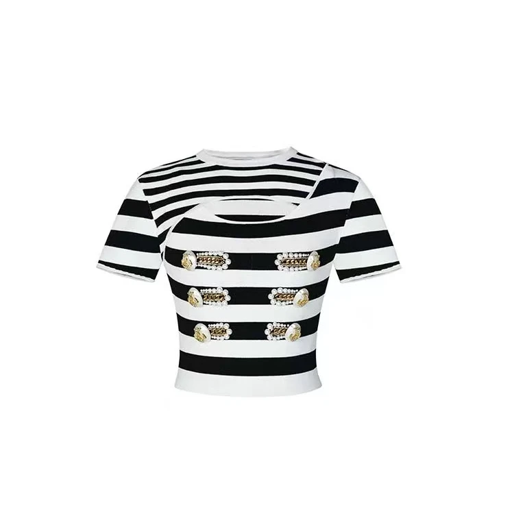 LeFame/拉飞姆LeFame24春条纹珍珠船锚盘扣针织上衣LF24C31ZB314