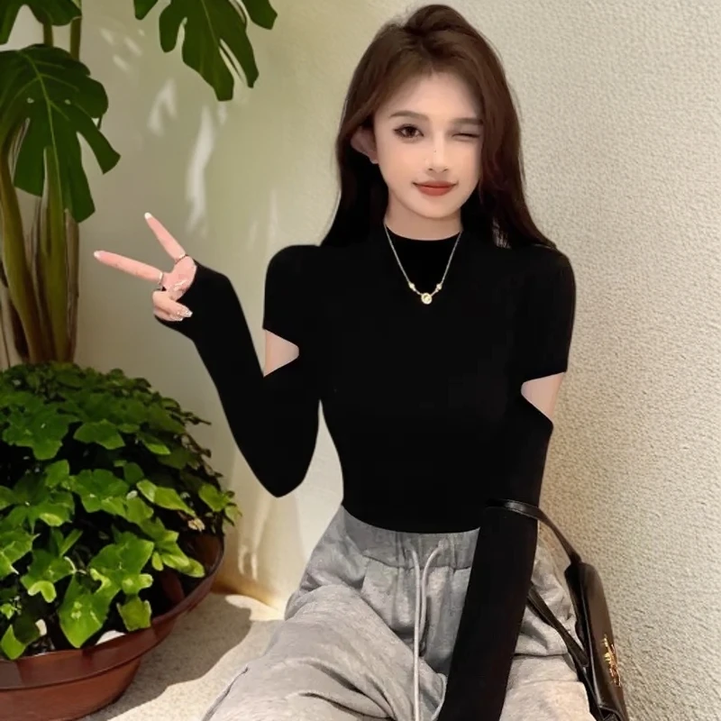 浪莎黑色打底衫2025内搭女设计感露螺纹修身长袖肘t恤春显瘦