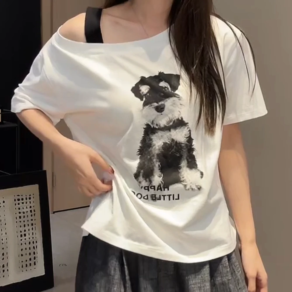 美式辣妹卡通小狗斜肩短袖t恤女宽松慵懒感百搭休闲上衣夏季