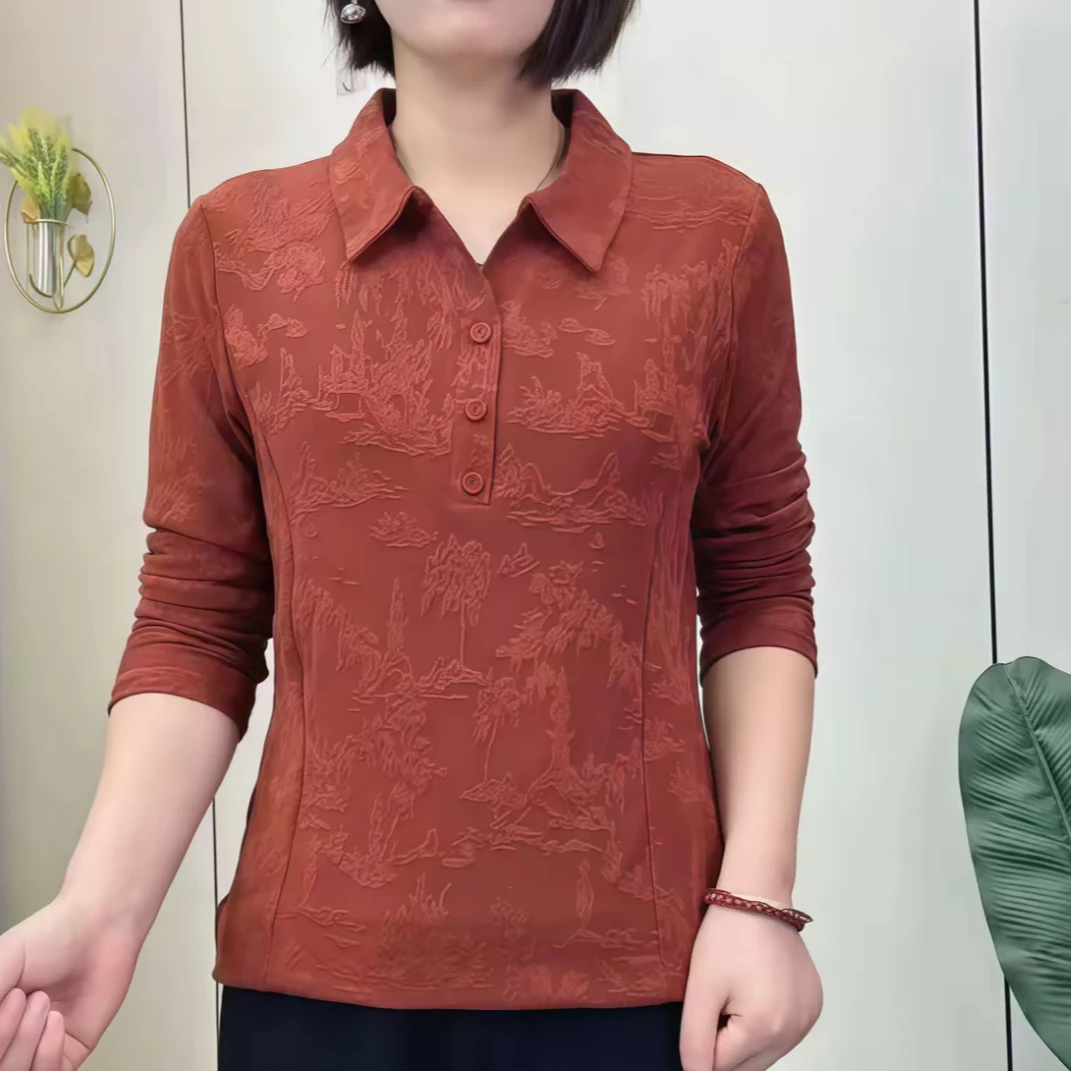 春秋妈妈装提花翻领长袖女上衣印花设计洋气百搭小衫1218-1