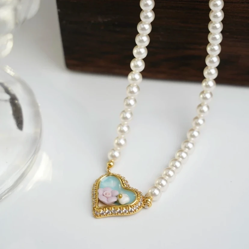 铜合金项链 《货号7582》油画爱心珠珠项链（链长：37+8cm）