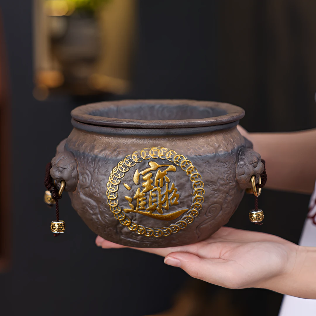 茶渣缸茶洗家用复古粗陶茶渣废水盂双层过滤建水茶杯洗茶道配件